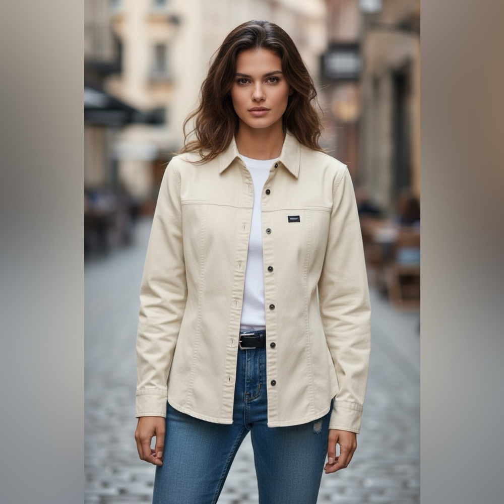 Harley-Davidson Ivory Button Front Shirt Jacket Cotton Logo Detail Women’s S